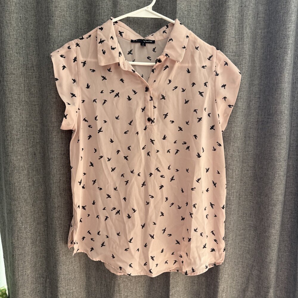 Women’s Sweet Rain Blouse Short Sleeve Size Small Pink With Blue Birds